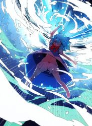 Rule 34 | 1girl, arm up, backlighting, barefoot, bloomers, blue dress, blue eyes, blue hair, cirno, dress, dutch angle, full body, gradient background, grin, hair ribbon, ice, ice wings, matching hair/eyes, midriff, navel, outstretched arm, puffy sleeves, ribbon, short hair, short sleeves, smile, solo, touhou, underwear, upskirt, wings, yuuki (yuyuki000)