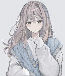 Rule 34 | 1girl, artist name, blue sweater vest, blush, closed mouth, commentary request, grey background, grey eyes, grey hair, hair between eyes, highres, long hair, long sleeves, niaa, original, puffy sleeves, rain, sidelocks, simple background, sleeves past wrists, solo, sweater, sweater vest, upper body, wet, wet face, white sweater