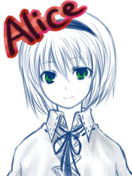 Rule 34 | 1girl, alice margatroid, bad id, bad pixiv id, collar, female focus, green eyes, monochrome, short hair, smile, solo, spot color, touhou, upper body, white background, yjy