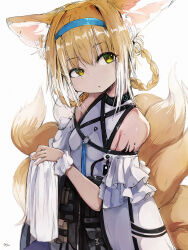 Rule 34 | 1girl, arknights, bare shoulders, blonde hair, blue hairband, braid, braided hair rings, colored tips, commentary request, frilled sleeves, frills, green eyes, hairband, highres, infection monitor (arknights), kitsune, korean commentary, kyuubi, material growth, multicolored hair, multiple tails, my700, oripathy lesion (arknights), parted lips, short hair, short sleeves, simple background, solo, suzuran (arknights), tail, twin braids, two-tone hair, upper body, white background, white hair, wrist cuffs
