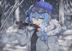 Rule 34 | absurdres, blood, blood on clothes, blood trail, blue eyes, blue hair, coat, eyebrows, gloves, goggles, hair between eyes, hair ribbon, hat, highres, hololive, hoshimachi suisei, jacket, knife, licking, licking blade, licking weapon, looking at viewer, micon, open clothes, open jacket, project winter, ribbon, ski goggles, snow, solo, tongue, tongue out, virtual youtuber, weapon
