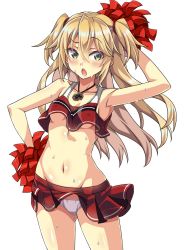 Rule 34 | 1girl, admiral hipper (azur lane), arm up, armpits, azur lane, blonde hair, breasts, cheerleader, collarbone, commentary request, cowboy shot, crop top, crop top overhang, cross, green eyes, hair between eyes, highres, holding, holding pom poms, iron cross, long hair, looking at viewer, macaroni hourensou, midriff, miniskirt, navel, open mouth, panties, pleated skirt, pom pom (cheerleading), pom poms, red skirt, skirt, small breasts, solo, standing, sweat, two side up, underboob, underwear, white panties
