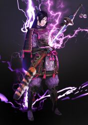 Rule 34 | 1girl, armor, black hair, commentary, concept art, dou, electricity, english commentary, fate/grand order, fate (series), floral print, giulia carli, glowing, glowing eye, gradient background, hair between eyes, highres, holding, holding sheath, holding sword, holding weapon, japanese armor, katana, kote, kusazuri, lightning, long hair, looking at viewer, minamoto no raikou (fate), patterned clothing, pommel tassel, purple eyes, purple lightning, redesign, rope belt, sandals, scabbard, scar, scar on face, sheath, sheathing, shoulder armor, sode, solo, suneate, sword, tassel, variant set, very long hair, weapon