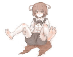 Rule 34 | 1girl, antennae, barefoot, blush, cape, feet, full body, kuro suto sukii, legs up, looking at viewer, puffy sleeves, shirt, short sleeves, shorts, simple background, sitting, sketch, soles, solo, spread legs, toes, touhou, white background, wriggle nightbug