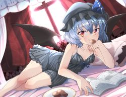 Rule 34 | 1girl, bag, barefoot, bed, bed sheet, bedroom, black dress, black hat, black wings, blue hair, book, breasts, canopy bed, cleavage, collarbone, curtains, dress, dutch angle, hair between eyes, hat, highres, indoors, lingerie, lying, medium hair, mouth hold, negligee, on bed, on side, open book, pechimaru, pov across bed, red eyes, remilia scarlet, short dress, sleeveless, sleeveless dress, small breasts, solo, touhou, underwear, wings
