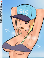 Rule 34 | 1girl, armpits, bikini, blonde hair, blue background, breasts, cleavage, collarbone, covered erect nipples, exercising, food, fruit, hat, lips, one eye closed, original, patreon username, red eyes, saberrung, sidelocks, small breasts, smile, solo, sport girl (saberrung), steam, steaming body, stretching, sweat, swimsuit, underboob, upper body, wet