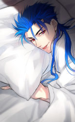 Rule 34 | 1boy, :p, bad id, bad pixiv id, cu chulainn (fate), fate/stay night, fate (series), cu chulainn (fate/stay night), long hair, looking at viewer, male focus, mayuki (ubiquitous), pillow, ponytail, red eyes, solo, tongue, tongue out