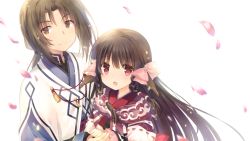 Rule 34 | 1boy, 1girl, ainu clothes, animal ears, aquaplus, blush, braid, brown eyes, brown hair, cherry blossoms, closed mouth, frilled sleeves, frills, hair between eyes, hair ribbon, haku (utawarerumono), height difference, holding, holding hands, long hair, long sleeves, looking at viewer, low ponytail, open mouth, parted bangs, petals, ponytail, red eyes, ribbon, rulutieh, shenbei xiaoqiu, sidelocks, smile, upper body, utawarerumono, utawarerumono: futari no hakuoro, utawarerumono: itsuwari no kamen, very long hair