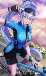 Rule 34 | 1girl, absurdres, bicycle, biker clothes, bikesuit, black shorts, blue eyes, blue shirt, bodysuit, breasts, fate/grand order, fate (series), fingerless gloves, gloves, grey hair, highres, klash, large breasts, long hair, looking at viewer, morgan le fay (fate), ponytail, shirt, short sleeves, shorts, sidelocks, sports sunglasses, sunglasses, thighs, very long hair