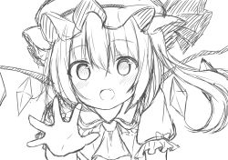 Rule 34 | 1girl, absurdres, ascot, close-up, crystal, fang, flandre scarlet, frilled shirt collar, frilled sleeves, frills, greyscale, hair between eyes, hat, hat ribbon, highres, looking at viewer, mob cap, monochrome, open mouth, outstretched hand, puffy short sleeves, puffy sleeves, rense 1010 (number nanashi), ribbon, short sleeves, side ponytail, sketch, solo, touhou, upper body, wings