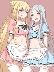 Rule 34 | 2girls, :d, absurdly long hair, aleis-tan, aleister crowley (toaru majutsu no index), anoshabu, apron, arms behind back, blonde hair, blue eyes, blue jacket, blue skirt, blush, breasts, choker, cowboy shot, cropped jacket, father and daughter, frilled apron, frilled choker, frilled skirt, frills, green eyes, highres, jacket, large breasts, laura stuart, long hair, looking at viewer, looking down, medium breasts, midriff, miniskirt, multiple girls, navel, open mouth, parted bangs, pink background, pink jacket, pink skirt, pleated skirt, puffy short sleeves, puffy sleeves, short sleeves, sidelocks, silver hair, simple background, skindentation, skirt, smile, thighhighs, toaru majutsu no index, toaru majutsu no index: new testament, uniform, very long hair, waitress, white legwear, zettai ryouiki
