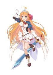 Rule 34 | 1girl, absurdres, ahoge, blue eyes, blush, breasts, gloves, highres, holding, holding sword, holding weapon, large breasts, long hair, looking at viewer, orange hair, pecorine (princess connect!), princess connect!, puffy short sleeves, puffy sleeves, short sleeves, solo, sword, tiara, toratora (nanahaba), weapon, white background, white gloves