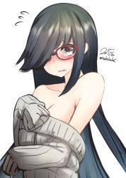 Rule 34 | 10s, 1girl, 2015, bad id, bad pixiv id, bare shoulders, black hair, blush, brown eyes, dated, glasses, hair over one eye, hayashimo (kancolle), kantai collection, long hair, nekobaka, off shoulder, ribbed sweater, solo, sweater