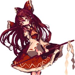 Rule 34 | 1girl, ascot, bow, brown hair, cowboy shot, detached sleeves, frilled bow, frilled hair tubes, frilled skirt, frills, gohei, hair between eyes, hair bow, hair tubes, hakurei reimu, head tilt, highres, holding, holding gohei, long hair, looking at viewer, pixel art, red bow, red eyes, red skirt, red vest, ribbon-trimmed sleeves, ribbon trim, rrrssr, shide, sidelocks, skirt, smile, solo, touhou, transparent background, vest, white sleeves, wide sleeves, yellow ascot
