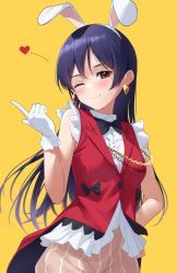 Rule 34 | 1girl, animal ears, black bow, black bowtie, blue hair, blush, bow, bowtie, commentary request, earrings, fake animal ears, finger gun, frills, gloves, hand on own hip, heart, heart earrings, highres, jewelry, kiona (giraffe kiona), korekara no someday, long hair, looking at viewer, love live!, love live! school idol project, one eye closed, puffy shorts, rabbit ears, shorts, simple background, smile, solo, sonoda umi, standing, swept bangs, white gloves, yellow background, yellow eyes