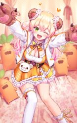 Rule 34 | 1girl, asymmetrical legwear, bear paws, blonde hair, breasts, cleavage, deadnooodles, dress, floral print, green eyes, highres, hololive, jacket, long sleeves, looking at viewer, medium breasts, momosuzu nene, nekko (momosuzu nene), one eye closed, open clothes, open jacket, open mouth, outstretched arms, reaching, reaching towards viewer, short dress, single thighhigh, sitting, smile, solo, thighhighs, virtual youtuber
