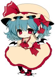 Rule 34 | 1girl, :&gt;, bad id, bad pixiv id, black pantyhose, blue hair, bow, chibi, dress, female focus, full body, haru (kyou), hat, necktie, pantyhose, pigeon-toed, red eyes, remilia scarlet, ribbon, shoes, short hair, simple background, smile, solo, touhou, waist bow, white background, wrist cuffs