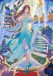 Rule 34 | 1girl, artist request, bare legs, blue dress, blue eyes, blue footwear, bracelet, breasts, brown hair, crown, douluo dalu, dress, floating, floating object, hagoromo, hair ornament, hand on own chest, highres, jewelry, long hair, long sleeves, medium breasts, ning rongrong (douluo dalu), outstretched hand, painting (object), pillar, second-party source, shawl, solo