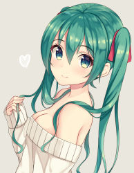 Rule 34 | 1girl, absurdres, aqua eyes, aqua hair, bare shoulders, breasts, cleavage, has bad revision, has downscaled revision, hatsune miku, heart, highres, long hair, long sleeves, looking at viewer, md5 mismatch, off shoulder, resolution mismatch, shuuichi, simple background, small breasts, smile, solo, source smaller, sweater, vocaloid