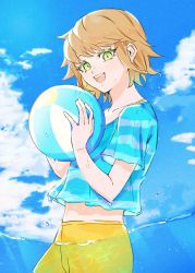 Rule 34 | 1boy, :d, bad id, bad twitter id, ball, beachball, blue shirt, blue sky, cloud, commentary request, cowboy shot, danganronpa: trigger happy havoc, danganronpa (series), danganronpa s: ultimate summer camp, day, fujisaki chihiro, green eyes, highres, holding, holding ball, looking at viewer, male focus, open mouth, outdoors, shirt, short hair, sky, smile, solo, striped clothes, striped shirt, sweater, teeth, trap, tsuna (tuna1440), upper teeth only, wading, wet, yellow sweater