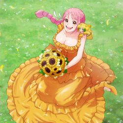Rule 34 | 26 tgw, 2girls, blonde hair, blue eyes, bouquet, braid, braided ponytail, commentary, dress, flower, frilled dress, frills, from above, full body, happy, high heels, highres, holding, holding bouquet, long dress, looking up, mansherry, multiple girls, on grass, one piece, orange dress, orange footwear, pink hair, rebecca (one piece), sitting, smile, sunflower