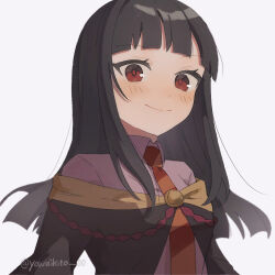 Rule 34 | 1girl, artist name, black cape, black cloak, black hair, blunt bangs, blush, breasts, cape, cloak, close-up, closed mouth, commentary, dress shirt, eyelashes, hair strand, kono subarashii sekai ni bakuen wo!, kono subarashii sekai ni shukufuku wo!, long hair, long sleeves, looking at viewer, necktie, nerimaki, orange necktie, pink shirt, portrait, red eyes, red necktie, red pupils, school uniform, shirt, signature, simple background, small breasts, smile, solo, twitter username, two-tone necktie, upper body, white background, yowaihito 00