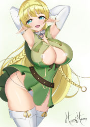 Rule 34 | 1girl, arms behind head, arms up, blonde hair, blue eyes, braid, breasts, cleavage cutout, clothing cutout, collar, commentary, dress, elbow gloves, elf, gloves, green dress, highres, hunni haven, isekai maou to shoukan shoujo no dorei majutsu, large breasts, leaning to the side, long hair, metal collar, o-ring, open mouth, panties, pointy ears, raised eyebrows, shera l. greenwood, signature, skindentation, smile, solo, thighs, twin braids, underwear, very long hair, white gloves, white panties