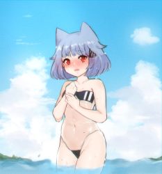 Rule 34 | 1girl, absurdres, animal ears, blue sky, blush, bob cut, breasts, cat ears, clenched hand, cloud, commentary, covered navel, cowboy shot, embarrassed, english commentary, gris swimsuit, hair ornament, hairclip, hand on own chest, hand on own wrist, highleg, highleg swimsuit, highres, hikimayu, looking at viewer, meme, meme attire, mole, mole on breast, mole on stomach, mole on thigh, navel, neqo (character), neqo (neneneqo), nose blush, one-piece swimsuit, open mouth, original, outdoors, red eyes, see-through, see-through swimsuit, short eyebrows, short hair, sky, solo, strapless, strapless one-piece swimsuit, sweatdrop, swimsuit, thick eyebrows, w arms, wading, water, wavy mouth, wet