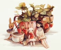 Rule 34 | 1girl, artist name, bad id, bad twitter id, black hair, book, coffee, commentary, flower, flower pot, food, fruit, holding, holding book, long sleeves, mini person, minigirl, miu pachi, open book, original, plant, potted plant, rabbit, short hair, simple background, sitting, solo, strawberry, white background, white flower