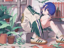Rule 34 | 1girl, adidas, alternate costume, blue eyes, blue hair, blue nails, collared shirt, diamond earrings, earrings, expressionless, full body, highres, industrial pipe, jacket, jewelry, kamitsubaki studio, leaning forward, letterman jacket, looking at viewer, multicolored eyes, multicolored hair, off shoulder, on stairs, overgrown, parted lips, plant, potted plant, product placement, red eyes, red hair, ribbed socks, rim (kamitsubaki studio), ritao kamo, shirt, shoes, sitting, sitting on stairs, sneakers, socks, solo, stairs, streaked hair, virtual youtuber, white jacket, white shirt, white socks, yellow pupils