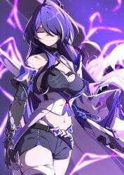Rule 34 | 1girl, acheron (honkai: star rail), arm belt, bandaged arm, bandaged leg, bandages, belt, black belt, black choker, black gloves, black shorts, breasts, chain, chain around arm, choker, cleavage, closed eyes, coat, commentary request, cowboy shot, criss-cross halter, detached sleeves, ecliygame, elbow gloves, electricity, facing viewer, gloves, hair ornament, hair over one eye, halterneck, highres, holding, holding sheath, honkai: star rail, honkai (series), large breasts, long hair, midriff, multicolored hair, navel, purple hair, scabbard, sheath, short shorts, shorts, single bare shoulder, single detached sleeve, solo, standing, stomach, streaked hair, thighs, very long hair, white coat