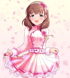 Rule 34 | 1girl, belt, blue eyes, blush, breasts, brown hair, cherry blossoms, cowboy shot, dress, floral background, flower, hair ribbon, hairband, highres, idolmaster, idolmaster cinderella girls, lace, lace-trimmed dress, lace trim, long sleeves, looking at viewer, medium breasts, nanananananasea, open mouth, petals, pink background, pink dress, ribbon, sakuma mayu, short hair, skirt, skirt hold, smile, solo, standing