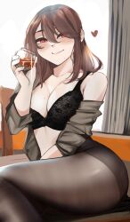 Rule 34 | 1girl, absurdres, black bra, black pantyhose, blush, bra, breasts, brown hair, closed mouth, cup, curtains, eyes visible through hair, glass, hair between eyes, hand up, heart, highres, holding, holding cup, indoors, large breasts, looking at viewer, medium hair, mole, mole on breast, mole under mouth, off shoulder, open clothes, open shirt, original, pantyhose, pupi (rain prophet), red eyes, sitting, smile, solo, underwear