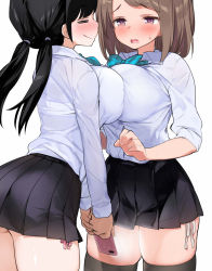 Rule 34 | 2girls, ass, black hair, black legwear, black skirt, blush, bow, bowtie, bra, breast press, breasts, brown hair, camera flash, cellphone, closed eyes, closed mouth, clueless, commentary request, flash, hair tie, kaisen chuui, large breasts, long hair, long sleeves, low twintails, multiple girls, open mouth, original, panties, pantylines, phone, pink panties, pleated skirt, purple eyes, school uniform, see-through, shirt, shirt tucked in, short hair, side-tie panties, side-tie peek, simple background, skindentation, skirt, smartphone, smile, stealth, striped, striped bow, symmetrical docking, taking picture, thighhighs, twintails, underwear, wavy mouth, white background, white panties, white shirt, yuri, zettai ryouiki