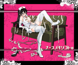 Rule 34 | bandages, bandaid, bandaids on nipples, black hair, blush, breasts, couch, feet, glasses, high heels, large breasts, legs, lipstick, long hair, lying, makeup, naka nohito, nurse, open clothes, open shirt, original, pasties, shirt, shoes, single shoe, solo, thermometer, thighhighs, white thighhighs