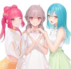 Rule 34 | 3girls, :d, bad id, bad twitter id, bare shoulders, belt, blue hair, blush, bow, bow hair ornament, braid, brown hair, buttons, camisole, choker, commentary, dress, flower, frilled sleeves, frills, green skirt, grin, hair between eyes, hair bow, hair flower, hair ornament, hairpin, happy, heart, heart hands, heart hands trio, heart in heart hands, highres, kirara akaru, komurasaki kuo, light smile, long eyelashes, long hair, long sleeves, looking at viewer, makeup, medium hair, multiple girls, ohisashiburi, open mouth, original, pale skin, parted lips, pink eyes, pink hair, project luminasys, shirt, short sleeves, simple background, skirt, smile, star (symbol), thick eyebrows, twin braids, twintails, white background, white camisole, white dress, white shirt, yellow eyes, yurizono eryu