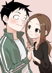 1boy 1girl absurdres black_hair black_shirt blush brown_background brown_eyes brown_hair closed_mouth commentary_request double_vertical_stripe green_jacket highres holding_hands husband_and_wife inaba_mifumi interlocked_fingers jacket karakai_jouzu_no_(moto)_takagi-san karakai_jouzu_no_takagi-san long_hair long_sleeves looking_at_another nishikata open_clothes open_jacket ponytail shirt short_hair sidelocks simple_background smile sweat takagi-san track_jacket upper_body white_shirt