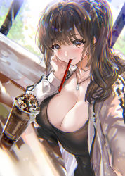 Rule 34 | 1girl, black shirt, blush, breasts, brown eyes, brown hair, cleavage, drinking straw, drinking straw in mouth, food, head rest, highres, jacket, jewelry, large breasts, long hair, long sleeves, looking at viewer, necklace, original, parted lips, ponytail, ran&#039;ou (tamago no kimi), selfie, shirt, smile, solo, upper body, white jacket