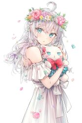 Rule 34 | 1girl, ahoge, alisa mikhailovna kujou, bare shoulders, blue hair, blush, bow, bowtie, braid, commentary request, cover, cover page, dot nose, dress, flower wreath, frilled dress, frills, hair between eyes, hair ribbon, hair tie, head tilt, head wreath, highres, holding, holding stuffed toy, hugging object, long hair, looking at viewer, manga cover, official art, parted lips, pink bow, pink bowtie, puffy short sleeves, puffy sleeves, purple ribbon, ribbon, short sleeves, simple background, solo, standing, stuffed animal, stuffed cat, stuffed toy, tenacitysaho, textless version, tokidoki bosotto roshia-go de dereru tonari no arya-san, white background, white dress, white hair