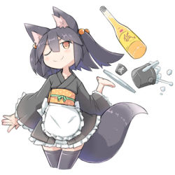 Rule 34 | &gt;;), 1girl, animal ears, black hair, black thighhighs, blush, brown eyes, bucket, choko (cup), collarbone, cropped legs, cup, eyebrows, fox ears, fox tail, glass bottle, hair between eyes, hair bobbles, hair ornament, head tilt, ice, ice cube, japanese clothes, kimono, kimono skirt, long sleeves, murabatodenki, obi, one eye closed, original, sash, simple background, solo, tail, thighhighs, tray, two side up, v-shaped eyebrows, waitress, white background