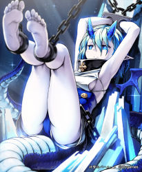 Rule 34 | 10s, 1girl, armpits, arms up, bad id, bad pixiv id, barefoot, bdsm, blue eyes, blue hair, blurry, bondage, bound, breasts, chain, cuffs, cygames, depth of field, dragon girl, dragon horns, dragon tail, dragon wings, feet, frown, horns, legs up, len (a-7), matching hair/eyes, monster girl, shackled, shackles, shingeki no bahamut, short hair, sideboob, sitting, soles, solo, tail, toes, twin prisoner glass, watermark, wings