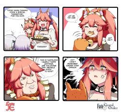 Rule 34 | !, 4girls, ahoge, alternate costume, anger vein, angry, animal ear fluff, animal ears, animal hands, bell, breasts, cat paws, closed eyes, collar, collarbone, dual persona, eating, english text, fang, fate/grand order, fate (series), food, fox ears, fox girl, fox tail, gloves, green ribbon, highres, jack the ripper (fate/apocrypha), jeanne d&#039;arc (fate), jeanne d&#039;arc alter santa lily (fate), jingle bell, keita naruzawa, large breasts, multiple girls, neck bell, paw gloves, pink hair, ribbon, speech bubble, striped ribbon, sweat, tail, tamamo (fate), tamamo cat (fate), tamamo cat (second ascension) (fate), tamamo no mae (fate/extra), ugly man, white hair, yellow eyes