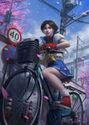 Rule 34 | 1990s (style), 1girl, bag, bare legs, basket, bicycle, blouse, blue sailor collar, blue skirt, brown eyes, brown hair, building, capcom, cherry blossoms, city, crop top, crop top overhang, fingerless gloves, from below, gloves, headband, kasugano sakura, lips, lipstick, looking away, looking to the side, loose socks, makeup, midriff, navel, neckerchief, outdoors, parted lips, petals, pigeon-toed, pleated skirt, poibuts, power lines, puffy short sleeves, puffy sleeves, red gloves, retro artstyle, riding, road sign, ryu (street fighter), sailor collar, school bag, school uniform, serafuku, shirt, shoes, short hair, short sleeves, sign, signature, skirt, sneakers, socks, solo, street fighter, street fighter zero (series), traffic cone, tree, utility pole, watermark, web address, wen juinn, white shirt, white socks, wind