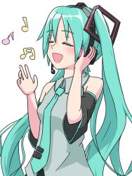 Rule 34 | 1girl, aqua hair, aqua necktie, bare shoulders, beamed eighth notes, black sleeves, closed eyes, commentary, detached sleeves, eighth note, gokaku180, grey shirt, hair ornament, hand on headphones, hatsune miku, headphones, headset, highres, light blush, long hair, music, musical note, necktie, quarter note, shirt, simple background, singing, sleeveless, sleeveless shirt, solo, tie clip, twintails, upper body, very long hair, vocaloid, white background