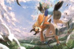 Rule 34 | 2girls, animal, animal ears, ass, bare arms, bare legs, bike shorts, bird, bird tail, brown eyes, brown hair, buruma, closed mouth, crying, day, extra ears, closed eyes, facing another, falling, feathers, fisheye, floating hair, full body, greater roadrunner (kemono friends), grey hair, highres, holding, holding weapon, horizontal pupils, horns, jacket, kemono friends, kemono friends 2, knees together feet apart, long sleeves, looking at another, medium hair, midair, multicolored hair, multiple girls, okyao, outdoors, outstretched arms, pronghorn (kemono friends), reaching, sandstar, shirt, shoe soles, shoes, short sleeves, smile, socks, tail, tears, track jacket, weapon, white hair