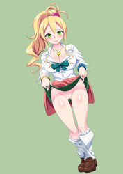 Rule 34 | 10s, 1girl, artist request, blonde hair, blush, breasts, cleavage, closed mouth, clothes lift, earrings, green background, green eyes, hajimete no gal, jewelry, large breasts, lifting own clothes, long hair, looking at viewer, necklace, no panties, ponytail, pussy, school uniform, shoes, simple background, skirt, skirt lift, smile, solo, standing, yame yukana