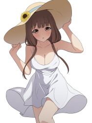 Rule 34 | 1girl, :o, absurdres, arms up, bare arms, blush, breasts, brown eyes, brown hair, cleavage, collarbone, coro fae, dot nose, dress, feet out of frame, fingernails, flower, hands on headwear, hat, hat flower, highres, iino miko, kaguya-sama wa kokurasetai ~tensai-tachi no renai zunousen~, large breasts, long hair, looking at viewer, low twintails, paid reward available, parted lips, see-through dress layer, see-through silhouette, shade, simple background, sleeveless, sleeveless dress, solo, standing, sun hat, sundress, sunflower, twintails, white background, white dress, wind, wind lift, yellow hat