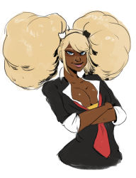 Rule 34 | 1girl, afro, afro puffs, bear hair ornament, blonde hair, blue eyes, breasts, cleavage, collarbone, crossed arms, danganronpa (series), danganronpa another episode: ultra despair girls, dark-skinned female, dark skin, female focus, hair ornament, highres, long hair, looking at viewer, necktie, nose, pink lips, red necktie, second generation enoshima junko, shiny skin, simple background, solo, twintails, upper body, white background