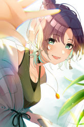 Rule 34 | 1girl, :d, asakura toru, blue eyes, blurry, blurry foreground, blush, breasts, collarbone, earrings, green tank top, hair between eyes, hair bun, highres, idolmaster, idolmaster shiny colors, jacket, jewelry, leaf, looking at viewer, multicolored hair, nail polish, open mouth, outstretched hand, parted lips, pendant, railing, short hair, single hair bun, small breasts, smile, solo, tank top, two-tone hair, umeume (totoya), upper body, white jacket