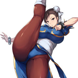 Rule 34 | 1girl, ass, bracelet, breasts, brown eyes, brown hair, capcom, china dress, chinese clothes, chun-li, curvy, double bun, dress, hair bun, highres, hip focus, huge ass, huge breasts, jewelry, kongeraatio, large breasts, leg up, solo, spiked bracelet, spikes, street fighter, thick thighs, thighs, wide hips